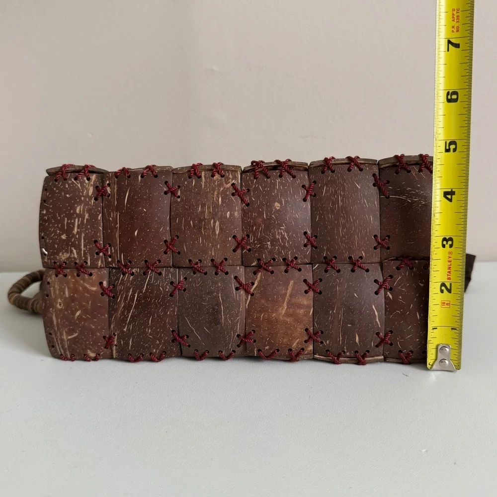 VR Collections Handmade Coconut Shell Bag Boho Checkered Beaded Handle Brown Tan
